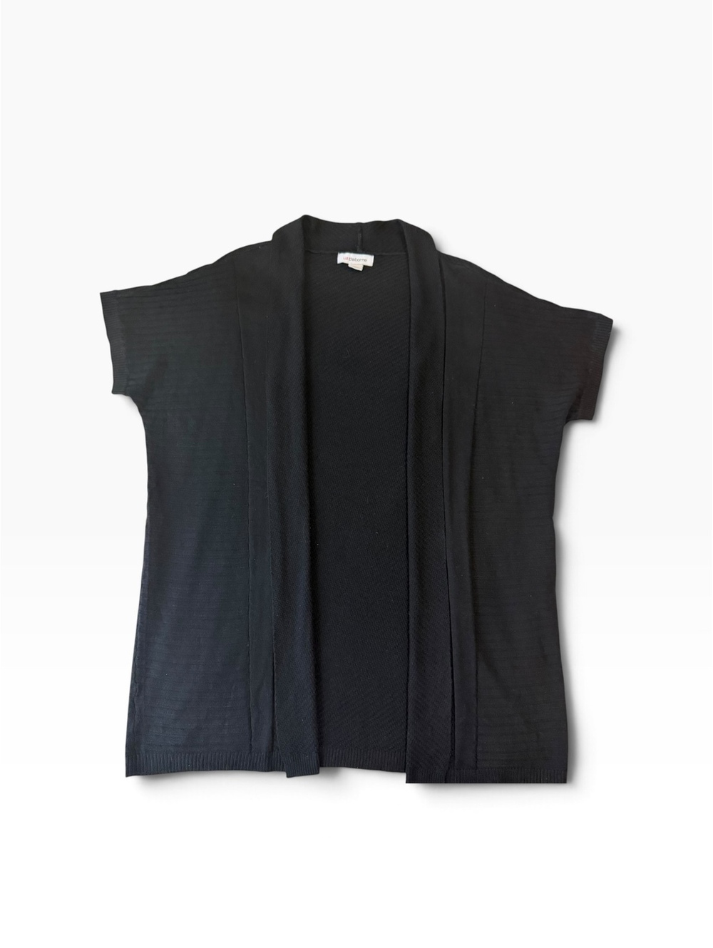 Liz Claiborne Black Open Front Cardigan Vest, Size L, Short Sleeve Ribbed Knit
